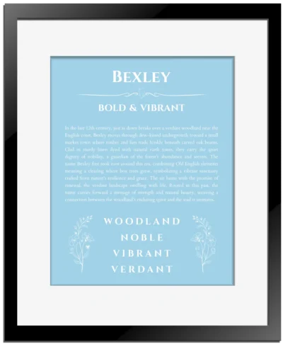 Bexley personalized name meaning print in light blue with black matte frame