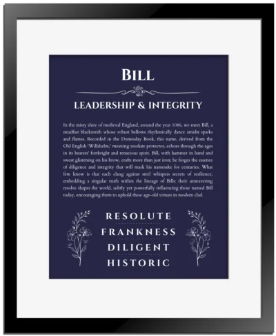 Bill custom name print for wall display in navy blue with black matte frame