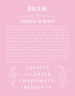 Billie personalized name print with origin and traits in light pink
