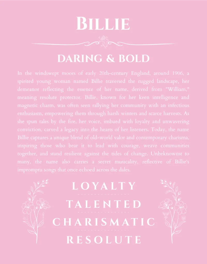 Billie personalized name print with origin and traits in light pink