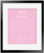Billie personalized name print with origin and traits in light pink with black matte frame