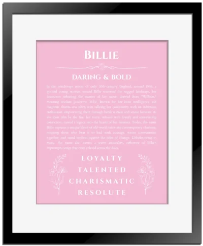 Billie personalized name print with origin and traits in light pink with black matte frame