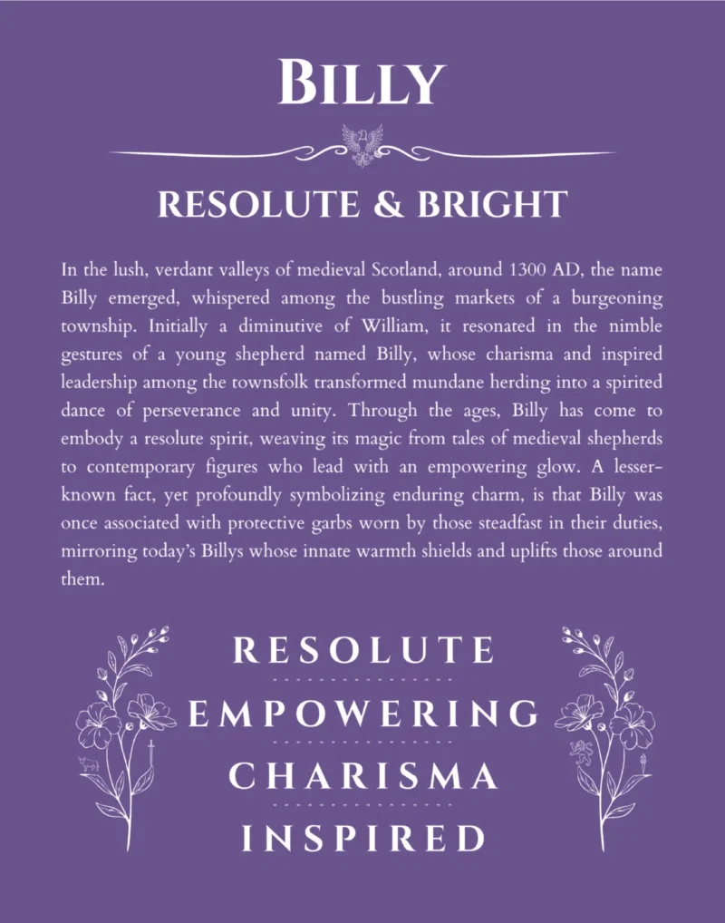Billy custom name art showing meaning and origin in purple