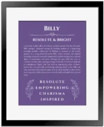 Billy custom name art showing meaning and origin in purple with black matte frame