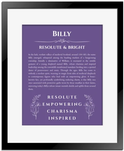 Billy custom name art showing meaning and origin in purple with black matte frame
