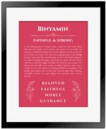 Binyamin personalized name art with origin story in red with black matte frame