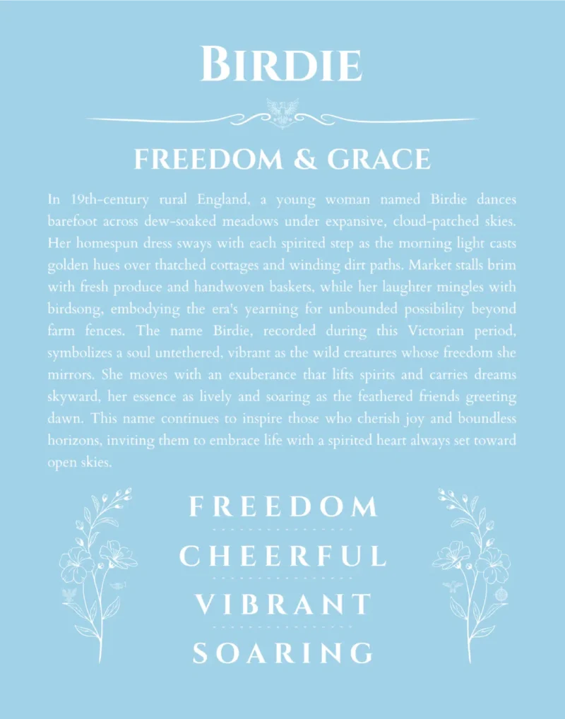 Birdie custom name art showing meaning and origin in light blue