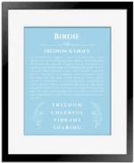 Birdie custom name art showing meaning and origin in light blue with black matte frame