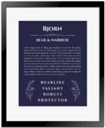Bjorn name meaning gift print in navy blue with black matte frame