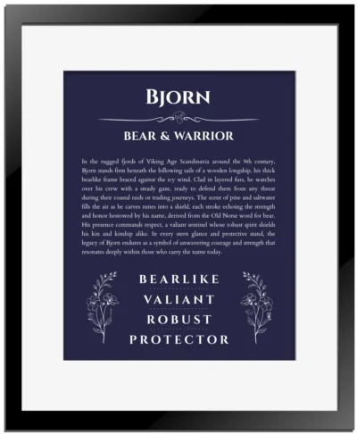 Bjorn name meaning gift print in navy blue with black matte frame
