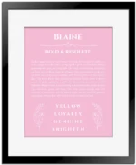 Blaine personalized name print with origin and traits in light pink with black matte frame