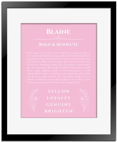 Blaine personalized name print with origin and traits in light pink with black matte frame