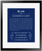 Blair personalized name meaning print in deep blue with black matte frame