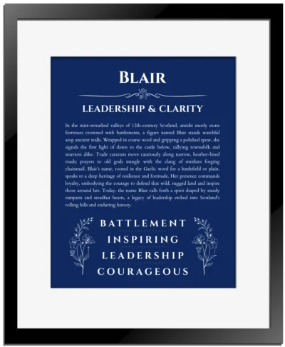 Blair personalized name meaning print in deep blue with black matte frame