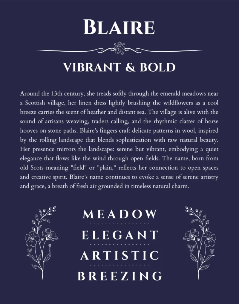 Blaire custom name art showing meaning and origin in navy blue
