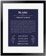 Blaire custom name art showing meaning and origin in navy blue with black matte frame