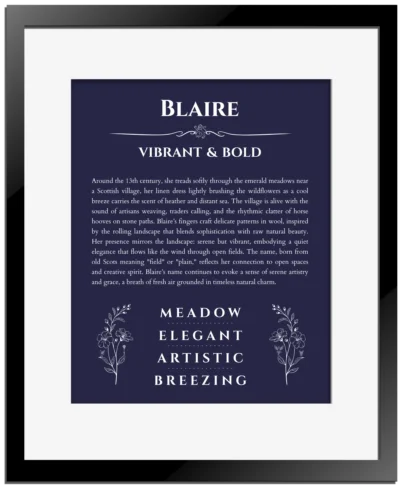 Blaire custom name art showing meaning and origin in navy blue with black matte frame