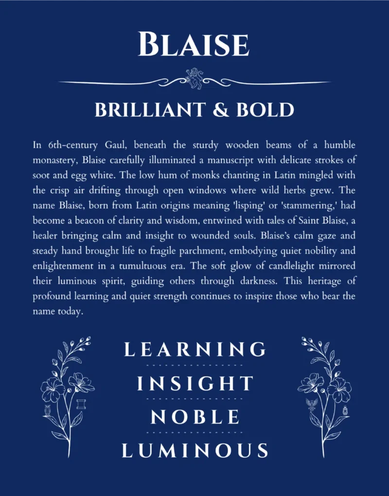 Blaise personalized name art with origin story in deep blue
