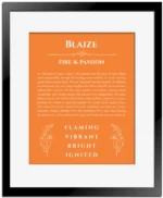 Blaize personalized name print with origin and traits in orange with black matte frame