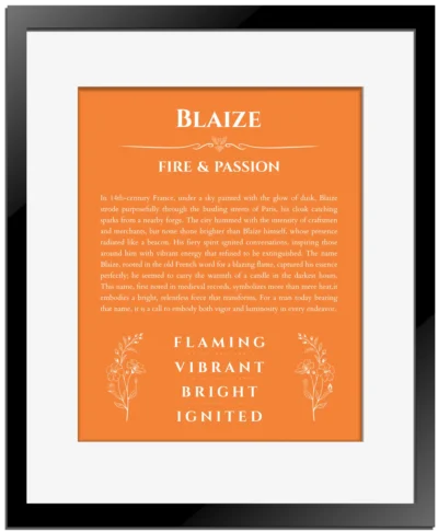 Blaize personalized name print with origin and traits in orange with black matte frame