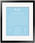 Blake custom name meaning print in light blue with black matte frame