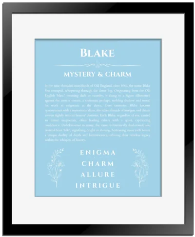 Blake custom name meaning print in light blue with black matte frame