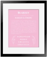 Blakely personalized name art with origin story in light pink with black matte frame
