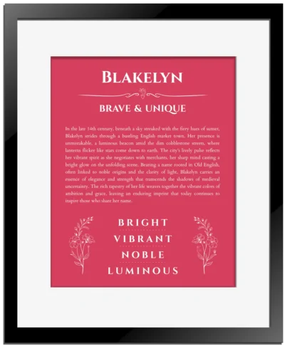 Blakelyn personalized name print with origin and traits in red with black matte frame