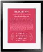 Blakelynn name origin print with meaning and traits in red with black matte frame