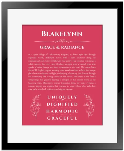 Blakelynn name origin print with meaning and traits in red with black matte frame