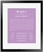 Blanca custom name meaning print in light purple with black matte frame