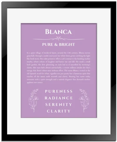 Blanca custom name meaning print in light purple with black matte frame
