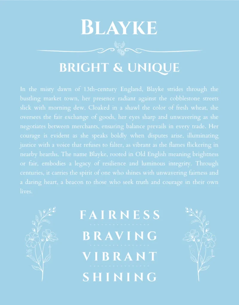 Blayke personalized name print with origin and traits in light blue