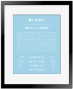 Blayke personalized name print with origin and traits in light blue with black matte frame