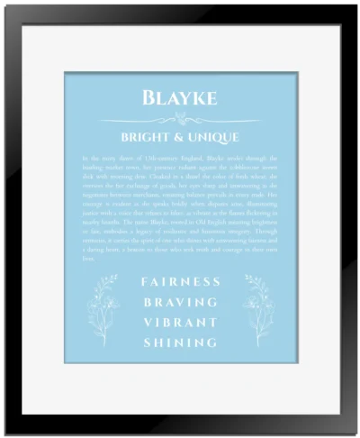 Blayke personalized name print with origin and traits in light blue with black matte frame