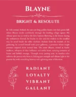 Blayne personalized name print with origin and traits in red