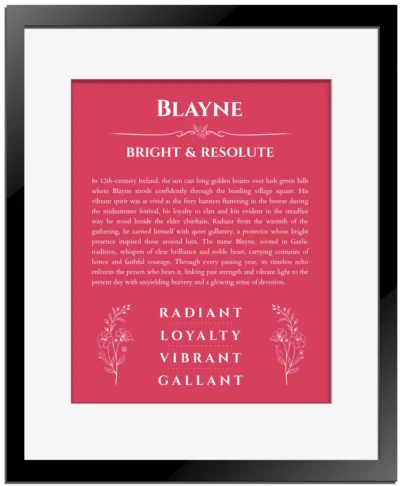 Blayne personalized name print with origin and traits in red with black matte frame