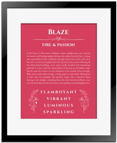 Blaze personalized wall art with the story of your name in red with black matte frame