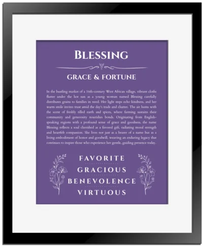Blessing name meaning gift print in purple with black matte frame