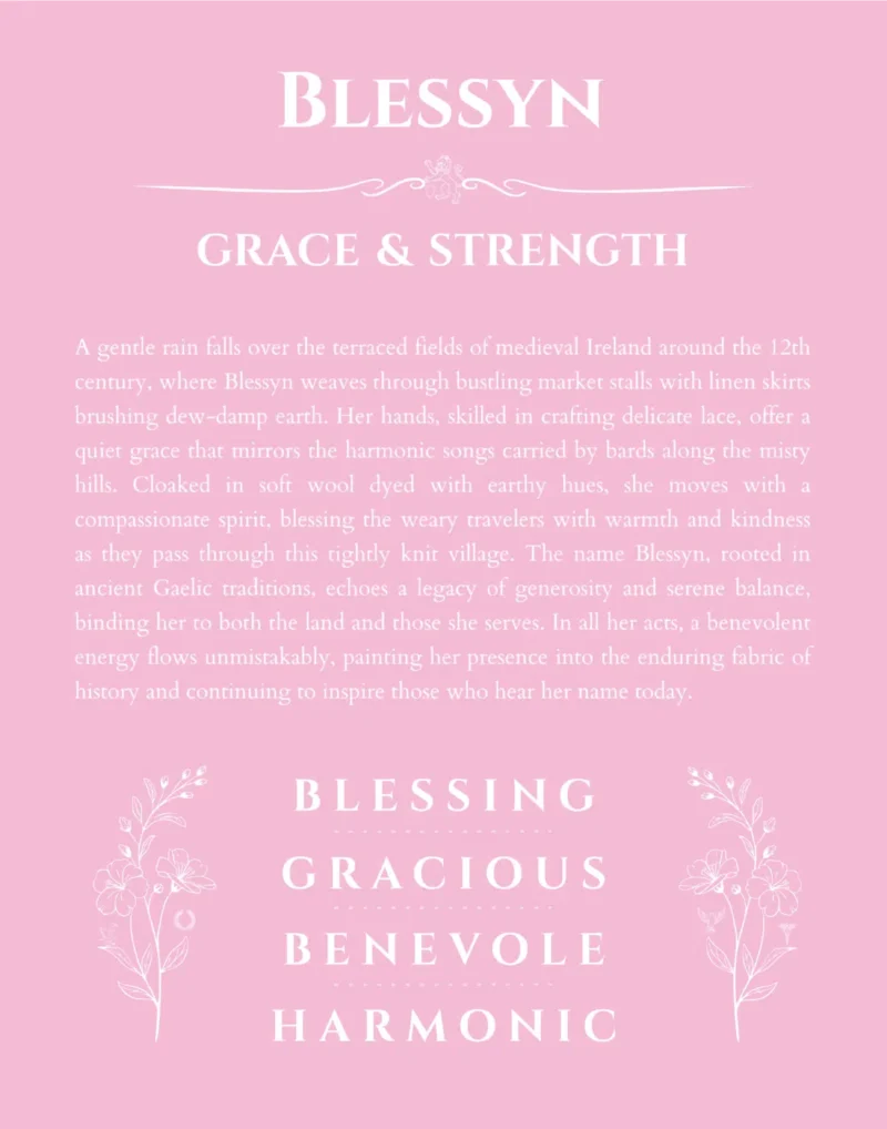 Blessyn personalized name print with origin and traits in light pink