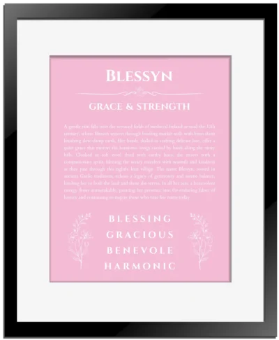 Blessyn personalized name print with origin and traits in light pink with black matte frame