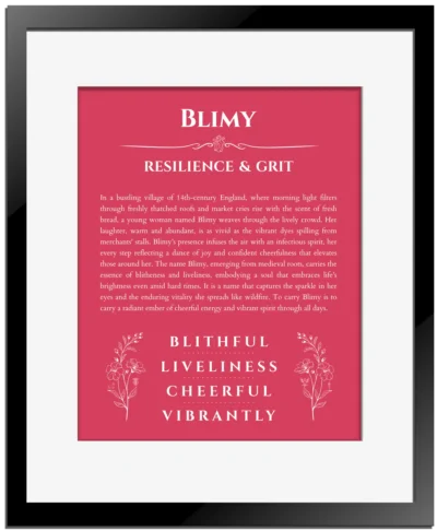 Blimy personalized name meaning print in red with black matte frame