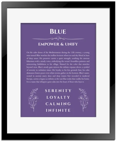 Blue personalized name meaning print in purple with black matte frame