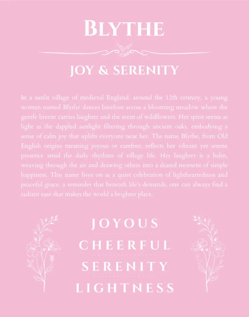 Blythe custom name art showing meaning and origin in light pink
