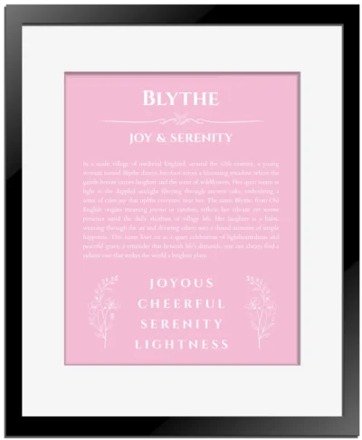 Blythe custom name art showing meaning and origin in light pink with black matte frame