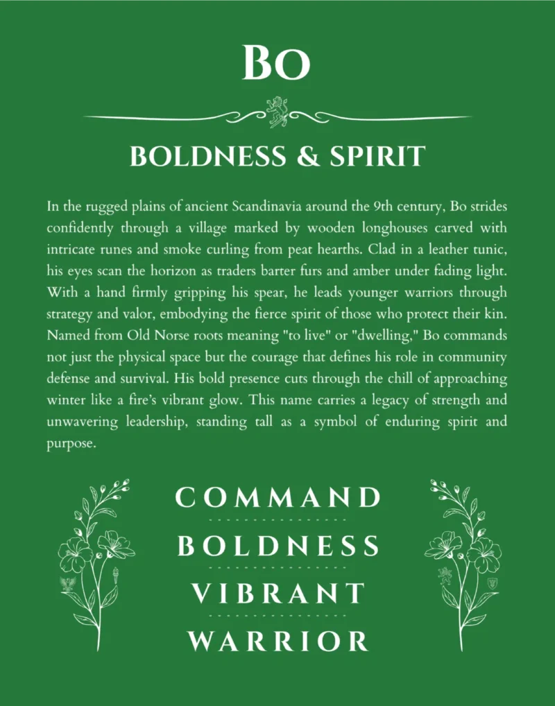 Bo name origin print with meaning and traits in dark green