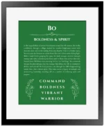 Bo name origin print with meaning and traits in dark green with black matte frame