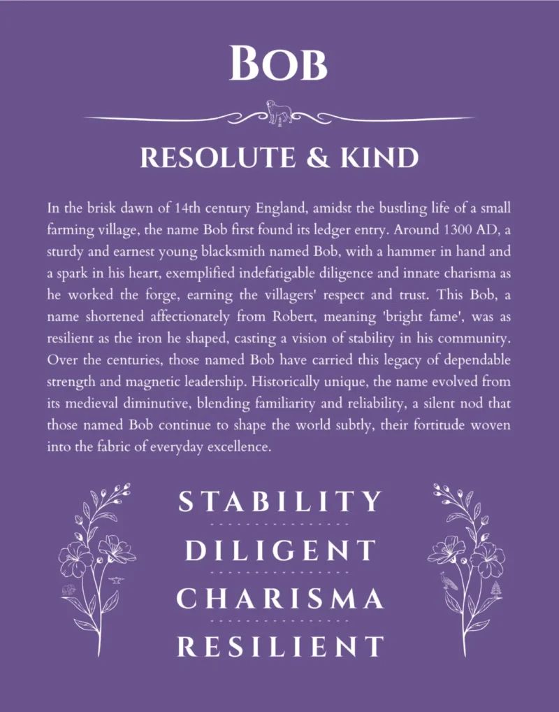 Bob name origin print with meaning and traits in purple