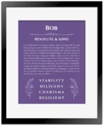 Bob name origin print with meaning and traits in purple with black matte frame
