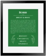 Bobbi custom name print for wall display in dark green with black matte frame